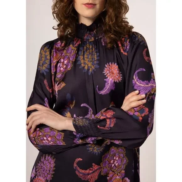 FRNCH Aliciana Black Purple Long Sleeve Paisley Dress Size Large - Picture 10 of 10